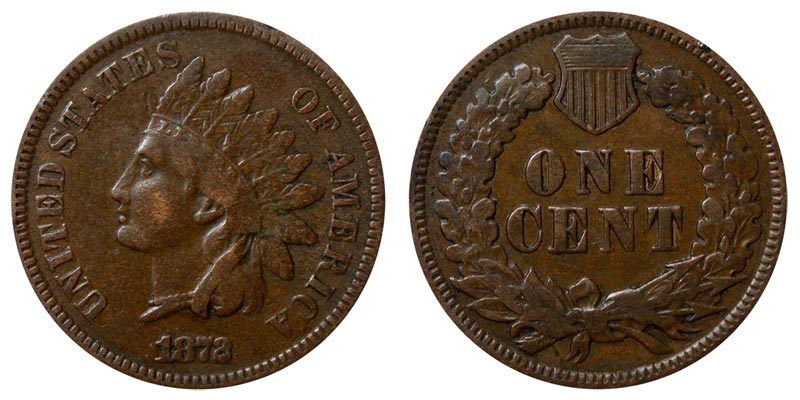1872 Indian Head penny obverse and reverse showing Liberty portrait and ONE CENT wreath design