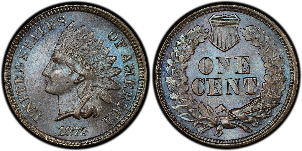 Side-by-side comparison of 1872 Indian Head penny Bold N (left) and Shallow N (right) reverse varieties showing differences in the letter N of ONE CENT