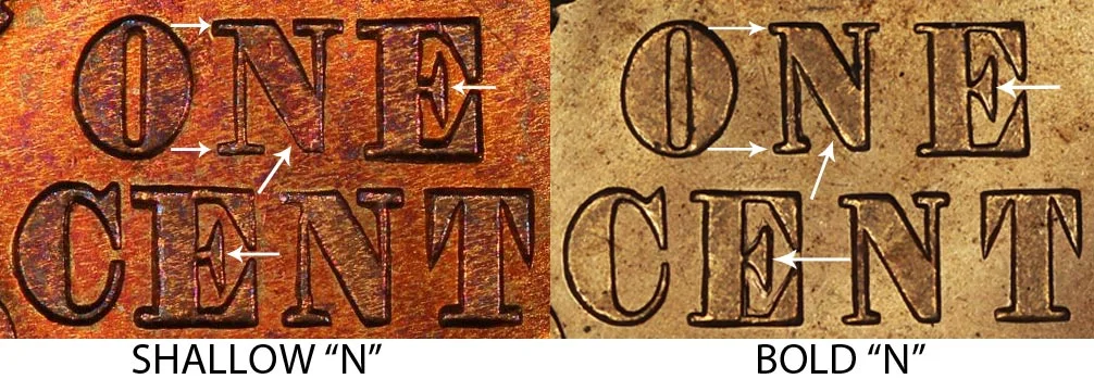 Close-up of the 1872 Indian Head penny Shallow N reverse variety showing the faint, low-relief N in ONE CENT
