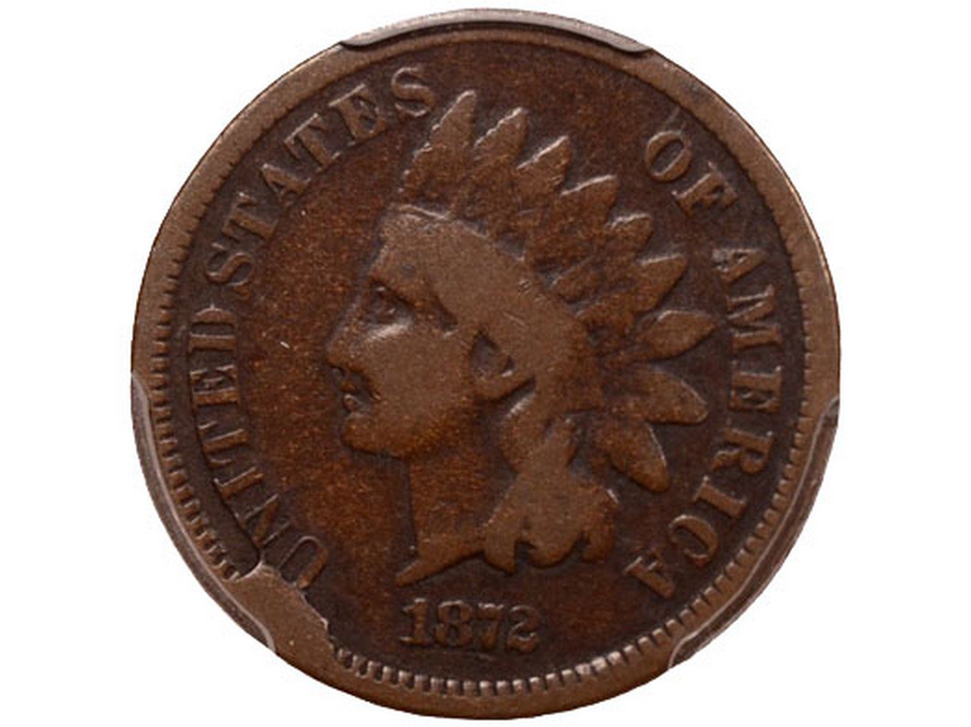 Close-up of 1872 Indian Head penny DDO-001 obverse showing doubling visible on the LIBERTY inscription in the headband