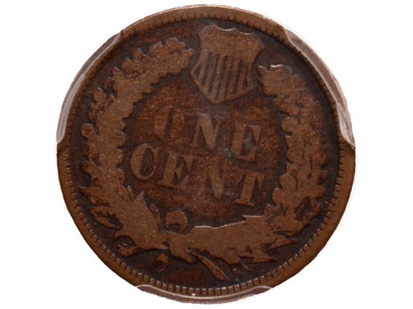 Close-up of die cud on a 1872 Indian Head penny showing a raised flat blob of metal at the coin's rim from a broken die segment