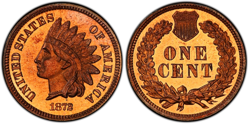 1872 proof Indian Head penny showing mirror-like fields and sharp cameo contrast between the reflective background and frosted portrait devices