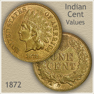 Grading strip showing four 1872 Indian Head pennies in Good, Fine, About Uncirculated, and Mint State condition illustrating the range of preservation
